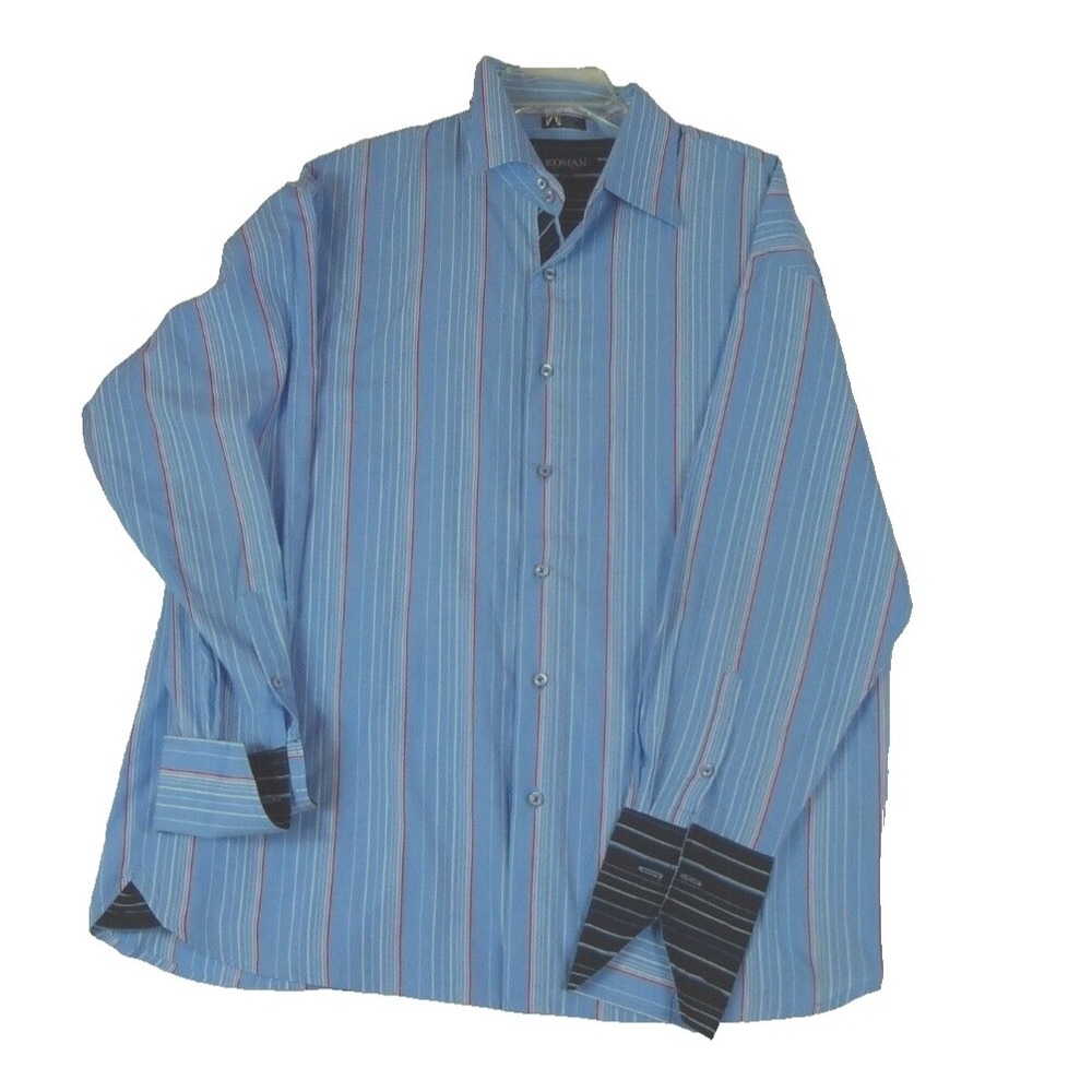 Koman Sport Men Long Sleeve Button Up Dress Shirt Blue Stipe Size XL French Cuff